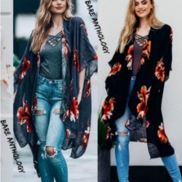 Bohemian black floral print kimono.  ONE SIZE NWT - Picture 2 of 4